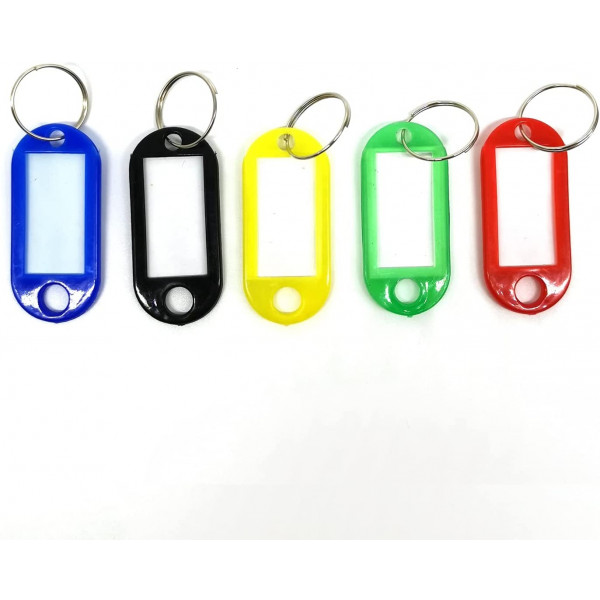 50 Stück Schlüsselschilder zum Beschriften, Schlüsselanhänger beschriftbar mit Ring auswechselbare Etiketten in Schwarz, Rot, Gelb, Weiß, Grün Kunststoff