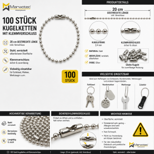 100x Kugelketten 20cm 2,4mm mit Klemmverschluss montiert Kugeldurchmesser 2,4mm, vernickelt