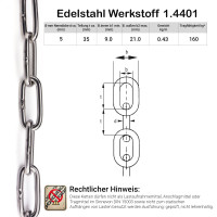 1 Meter Zuschnitt Schweißkette 5mm langgliedrig DIN 763 5x35mm Edelstahl Rundstahlkette geschweißt 5mm, langgliedrig 1 Meter V4A Kette 5