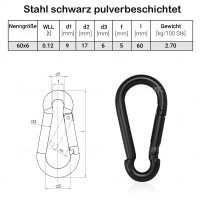10x Feuerwehr Karabiner Schwarz 60x6mm,Feuerwehrkarabiner schwarz Stahl Schwarz DIN 5299 C