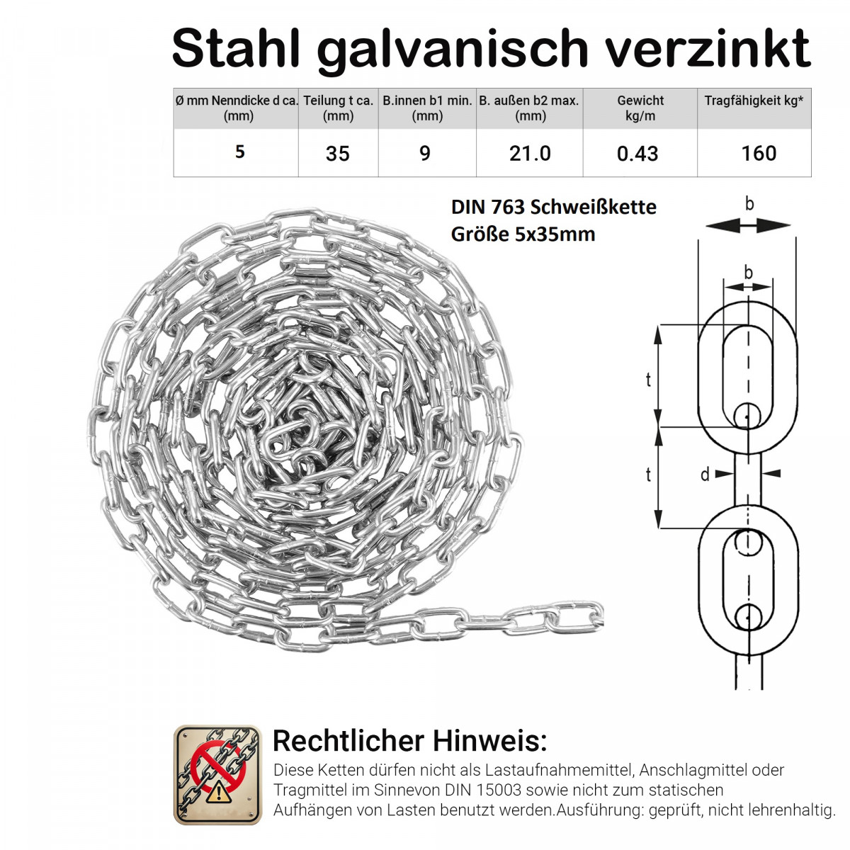 10 Meter Schweißkette 5mm Stahl galv. verzinkt DIN...