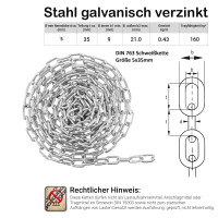 10 Meter Schweißkette 5mm Stahl galv. verzinkt DIN 763 5 mm Rundstahlkette DIN 763 galvanisch verzinkt Marwotec