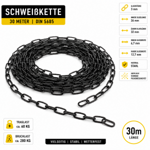 Marwotec 30 Meter Schweißkette 3mm DIN 5685 Form C langgliedrig 3mm Schwarz lackiert - 30m Bund - Stahlkette wetterfest
