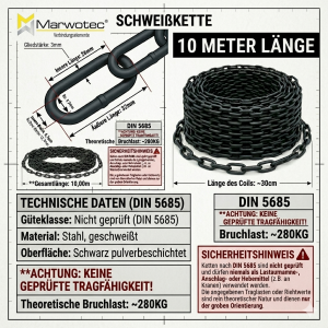 Marwotec 10 Meter Schweißkette 3mm DIN 5685 Form C...