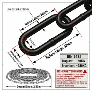 Marwotec 2,50m Meter Schweißkette 3mm DIN 5685 Form...
