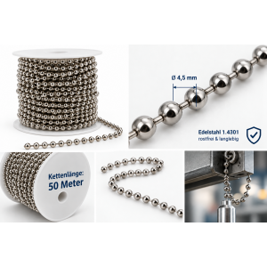 Kugelkette Edelstahl V2A 4,5 mm – 50 Meter Rolle | Edelstahl 1.4301