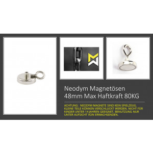 1-10 St&uuml;ck Neodym &Ouml;senmagnet, 80kg Zugkraft Starker Neodymium Magnet runder Seltenerdmagnet  mit Senkloch-Augenschraube f&uuml;r Magnetfischen, 48 mm