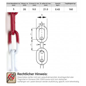 30 Meter Marwotec Absperrkette 5mm aus Stahl  rot/wei&szlig; pulverbeschichtet &Oslash; 5mm